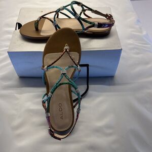 ALDO Snake Print Multi Color Strappy Flat Gold Accents Women SZ 5 New in Box